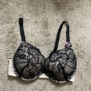 NWT Rene Rofe Underwire Push Up T-Shirt Balconette Bra Women Size 36D Black Lace